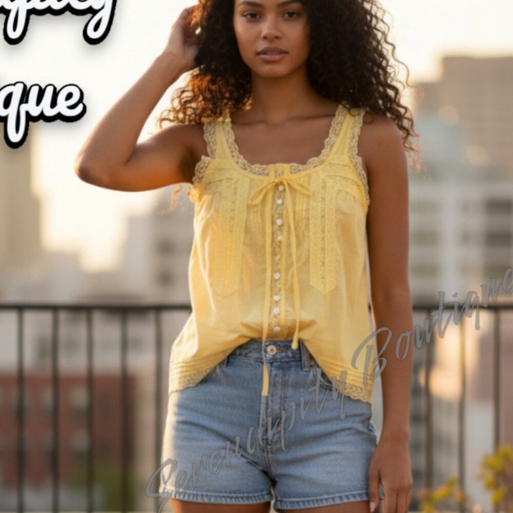 Boho Buttercup Yellow Linen Lace Feminine Peasant Sleeveless Top Blouse - Picture 2 of 11